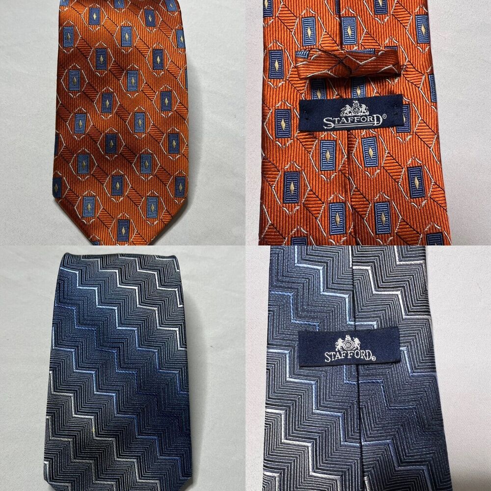 Lot of 2 Stafford Mens Tie Necktie 100% Silk Gray Blue Zig Zag Orange Geometric